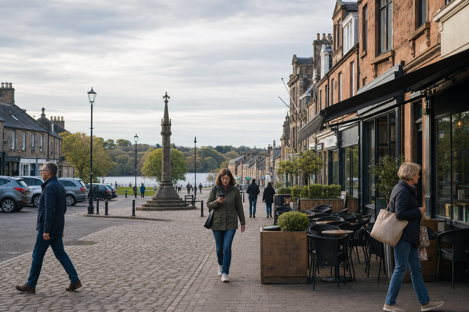 People walking on a cobblestone street lined with shops and an ornate stone monument.