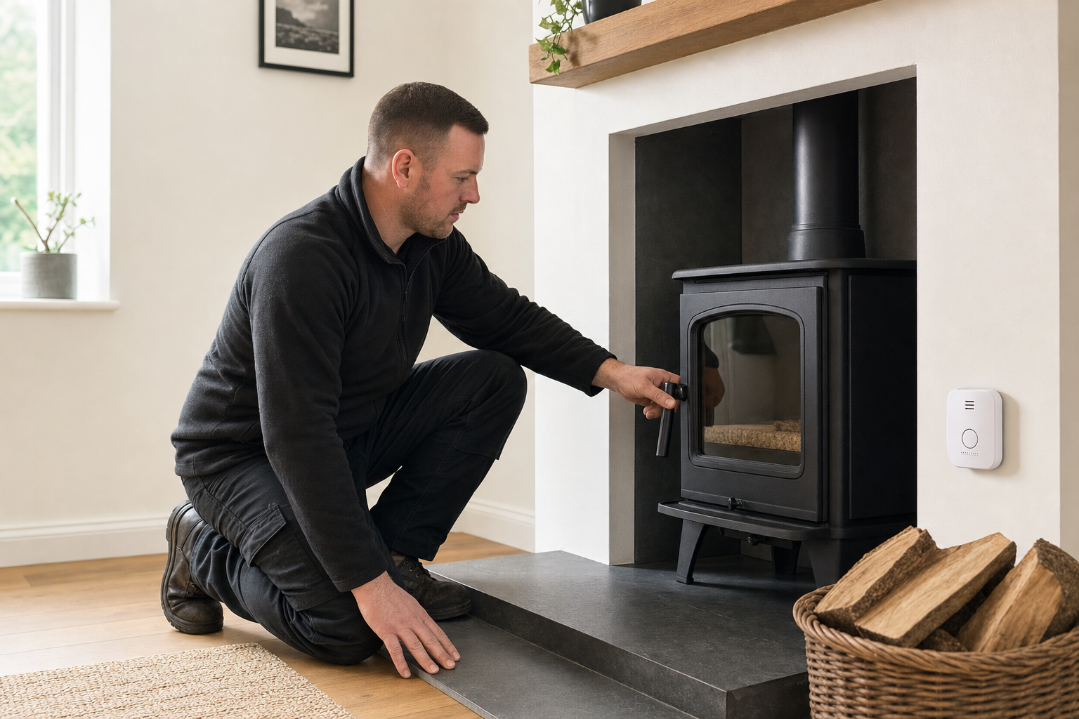 Person kneeling and opening a black wood-burning stove in a cosy living room setting.