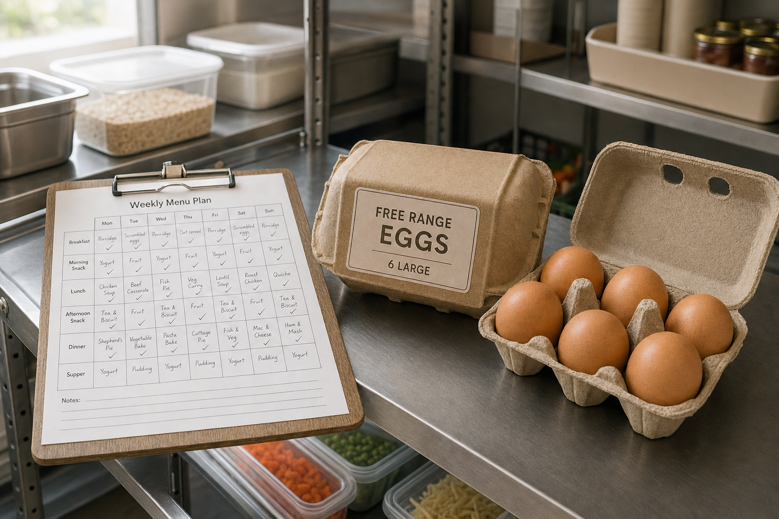 Weekly menu plan on clipboard next to a carton of free range eggs on a stainless steel kitchen counter.