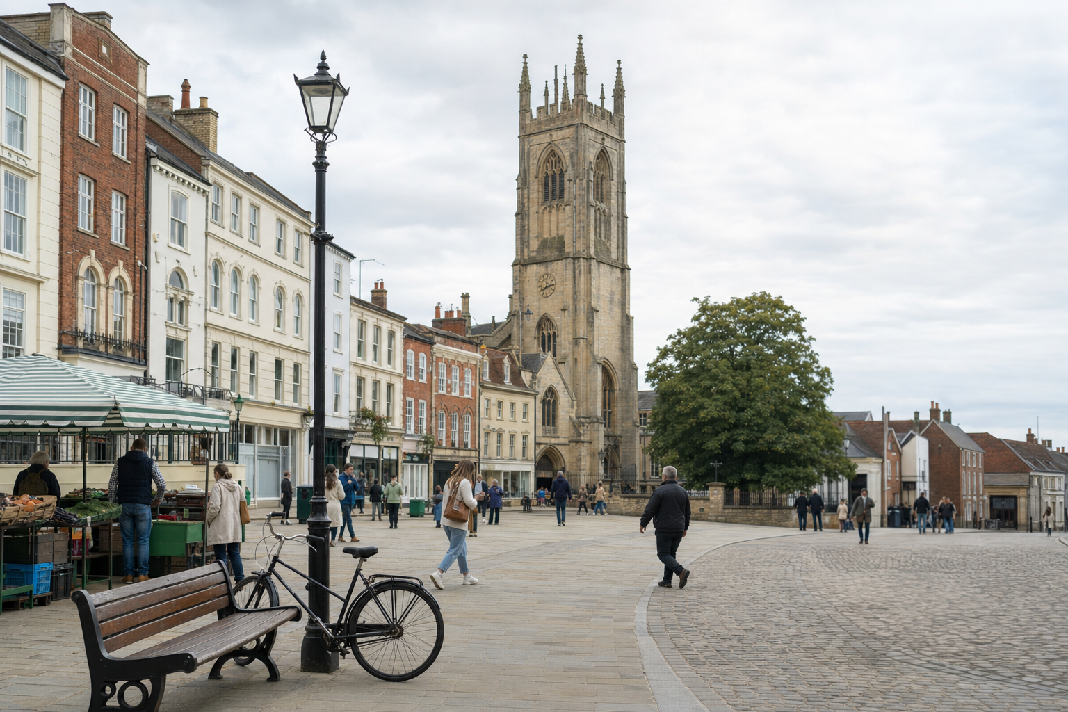 A bustling town square features a historic church, market stalls, and people walking, with a bicycle and bench in the foreground.