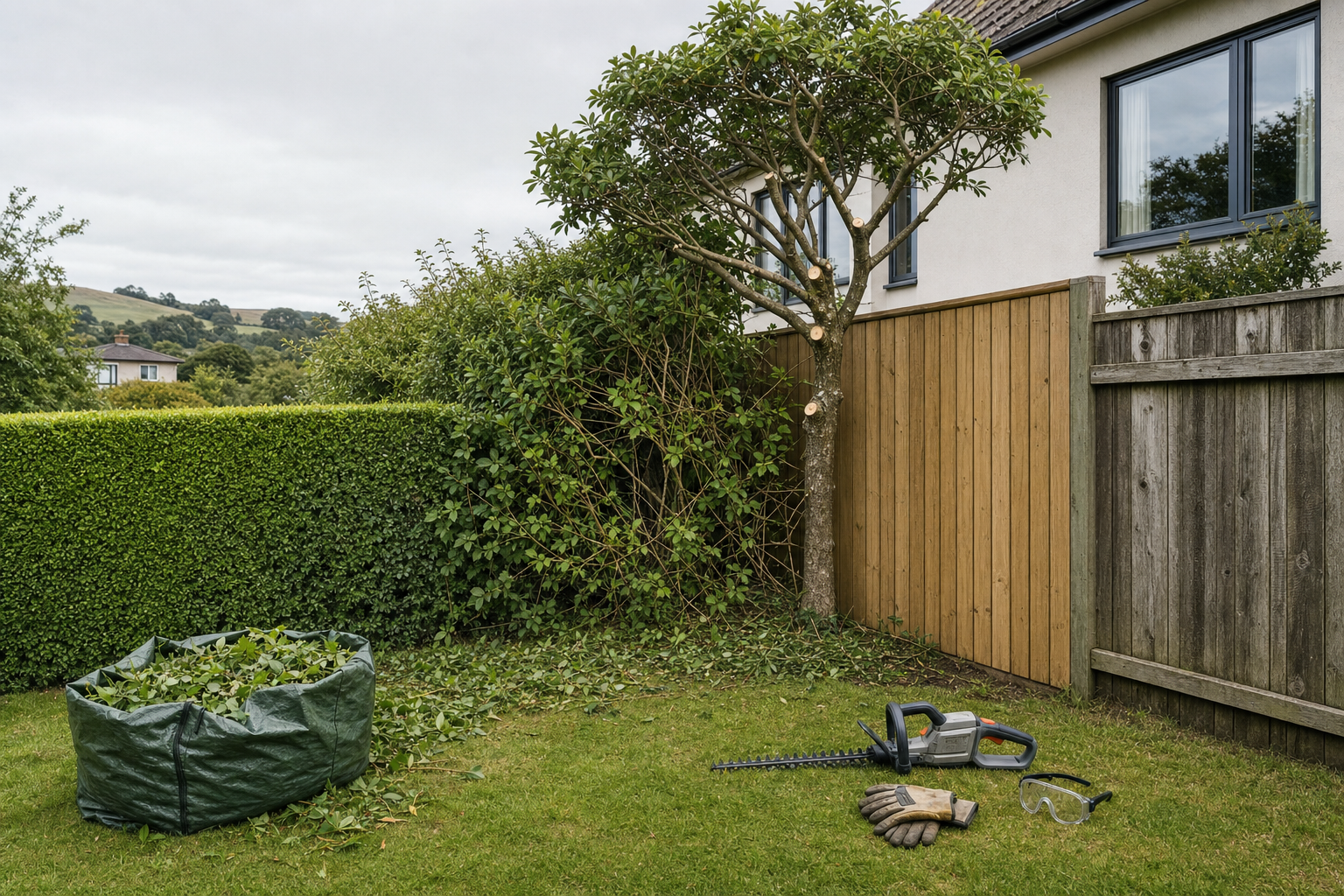 Trimmed garden with a hedge trimmer, gloves, and safety goggles on the grass, and a bag filled with cut branches.