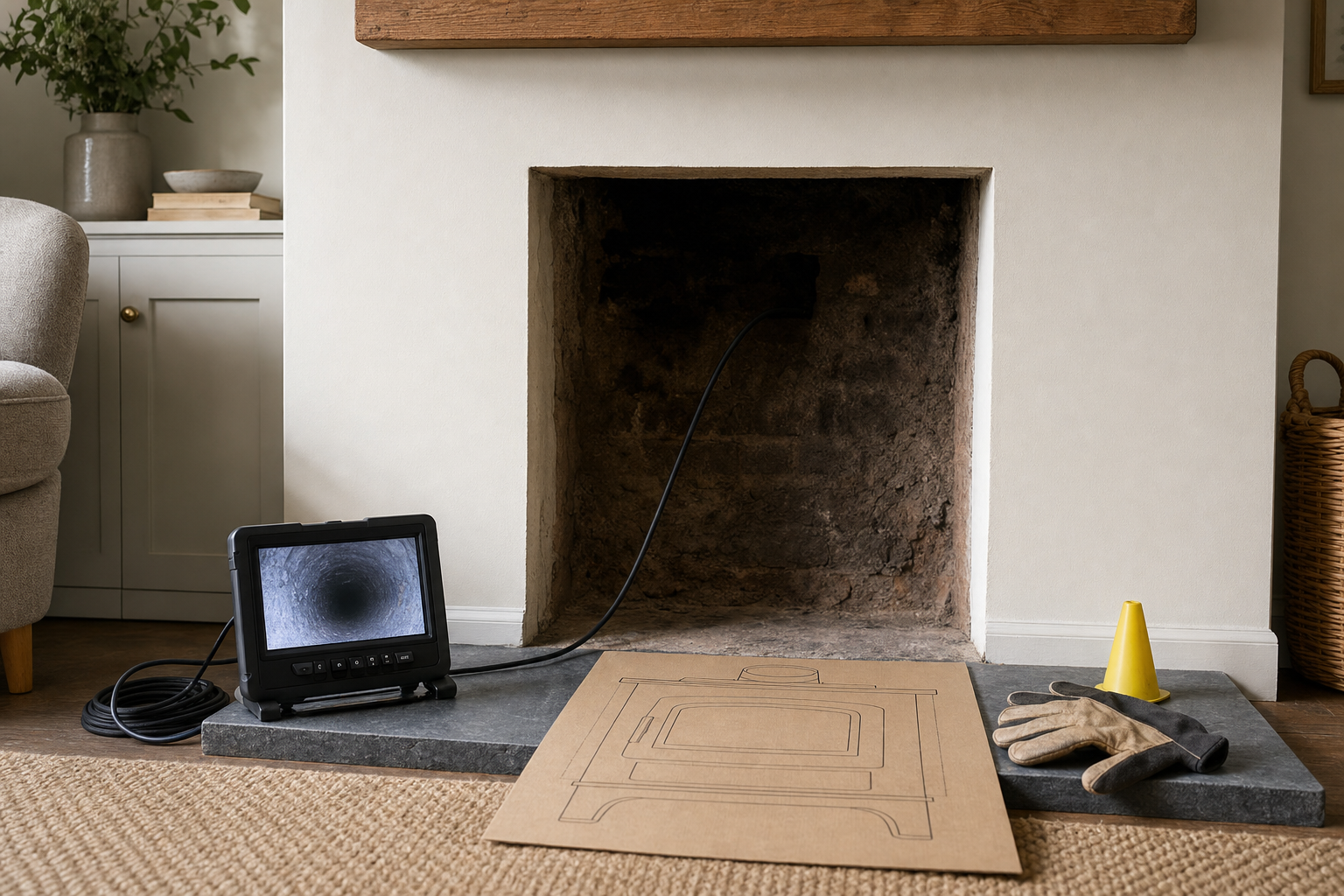 A chimney inspection camera displays an interior view next to an empty fireplace, alongside gloves and a small yellow cone.