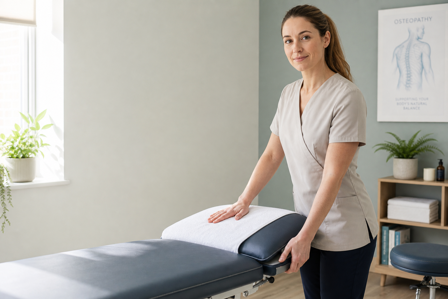 A female osteopath in a clinic adjusts a treatment table near a window with potted plants.