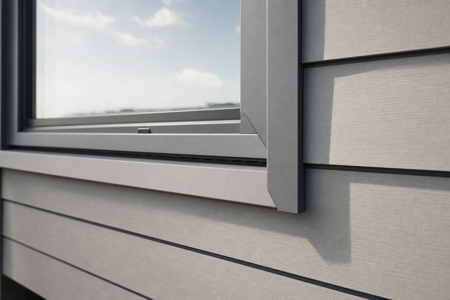 Close-up of a modern grey window frame against a light grey building exterior with a clear sky in the background.