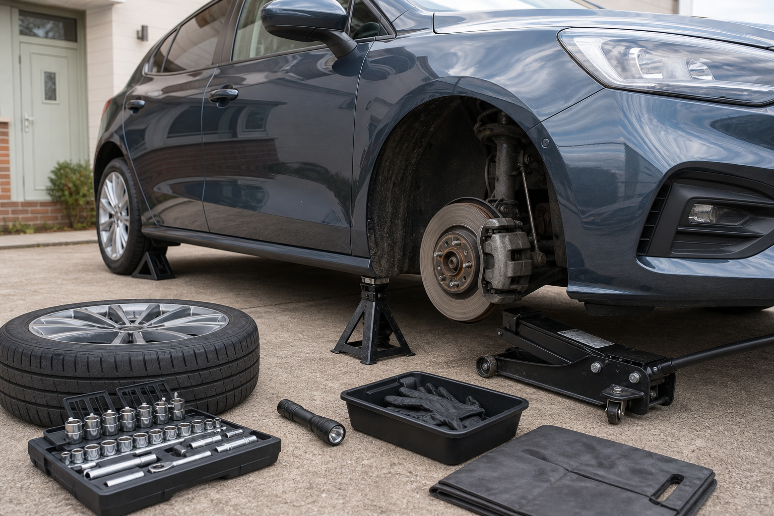 Car on jack stands with tools and a removed wheel on the ground.