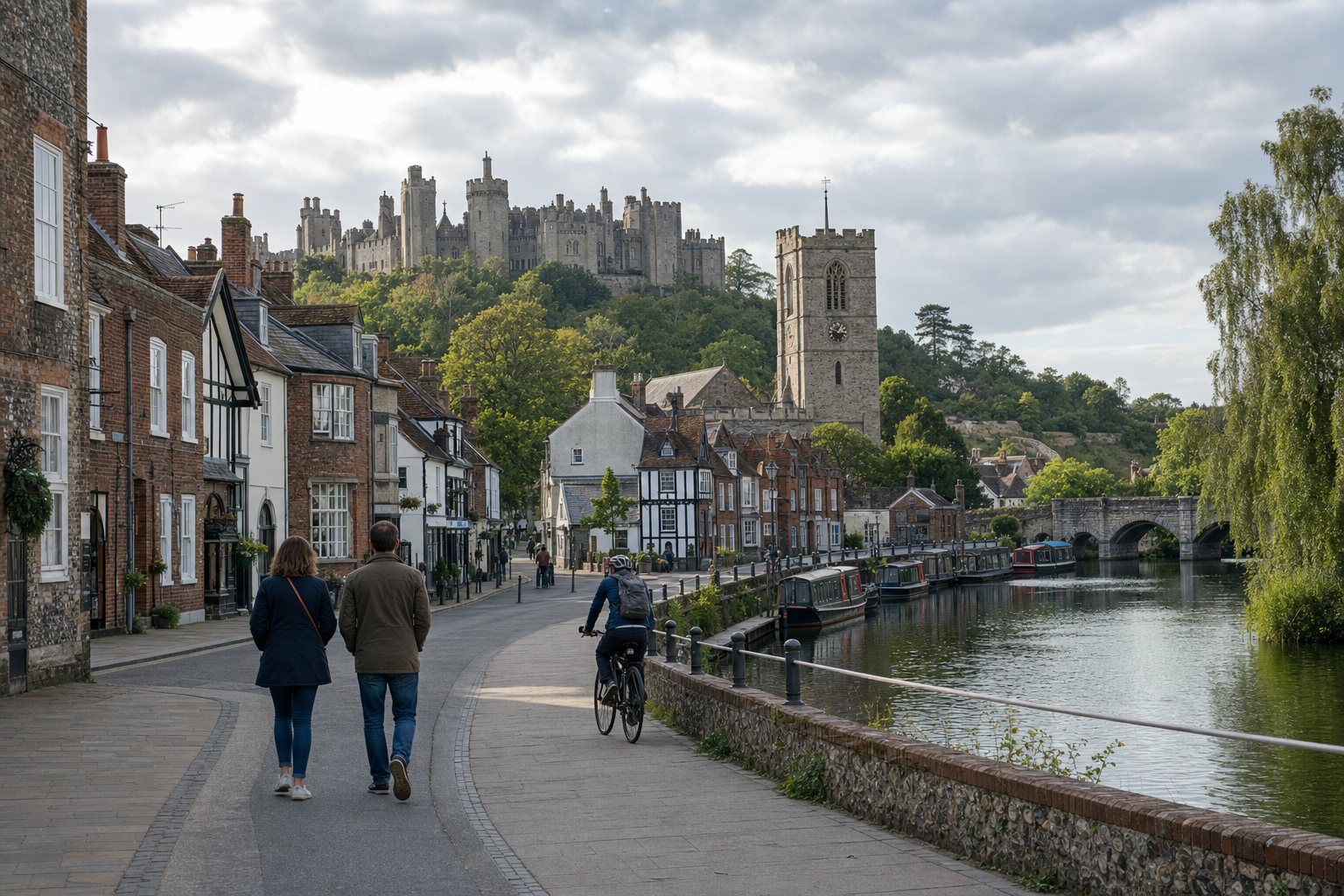 A couple walks along a riverside path with a historic castle and church in the background under a cloudy sky.
