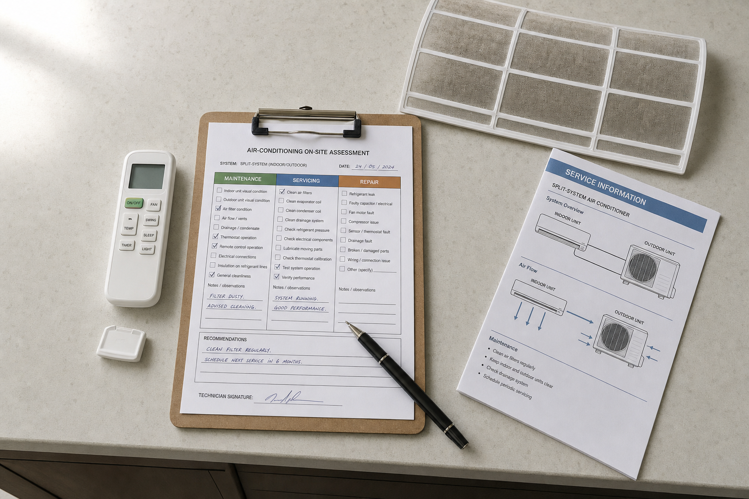 An air conditioning maintenance checklist on a clipboard with a remote control, a filter, and a service information leaflet.