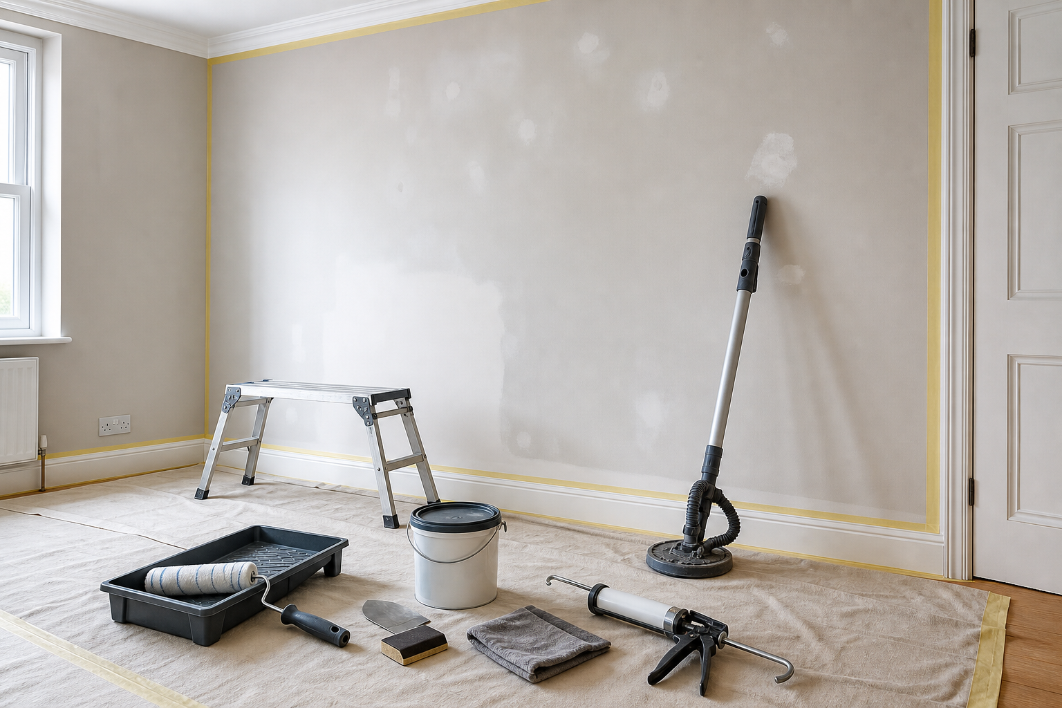 A room prepared for painting with tools and equipment on the floor.