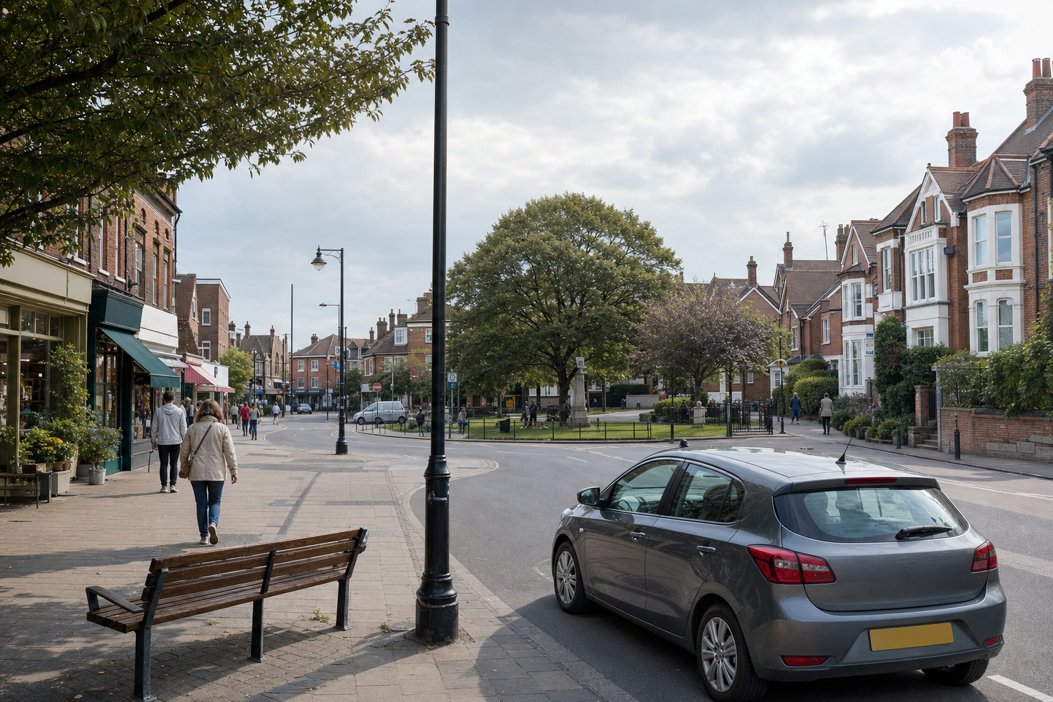 A grey car is parked on a quiet suburban street lined with redbrick shops and houses, with pedestrians strolling past.