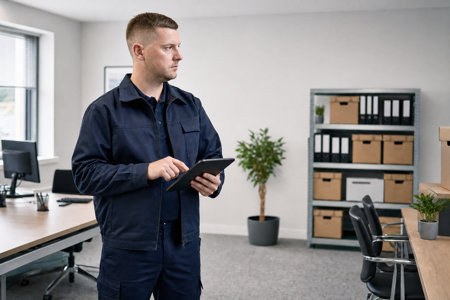 A man in a blue uniform uses a tablet in a modern office with desks and shelves.