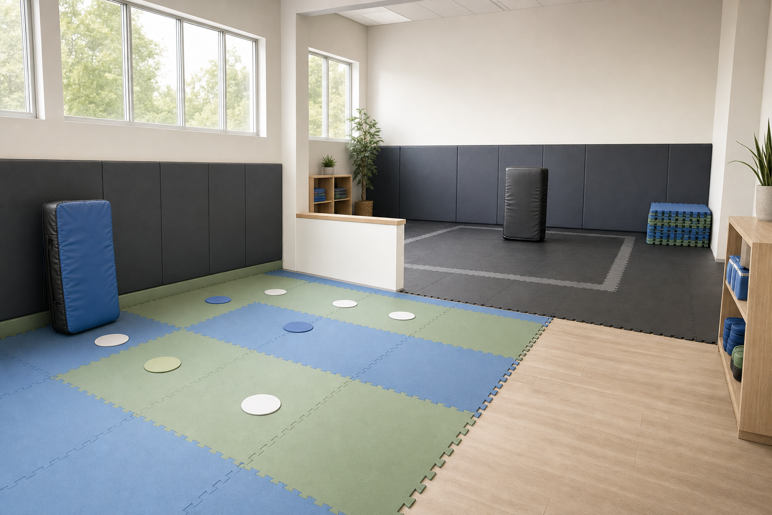 Spacious exercise room with colourful foam mats, padded walls, and exercise equipment neatly organised.