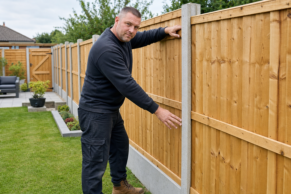 Man in a garden inspects a wooden fence for stability, with patio furniture visible in the background.