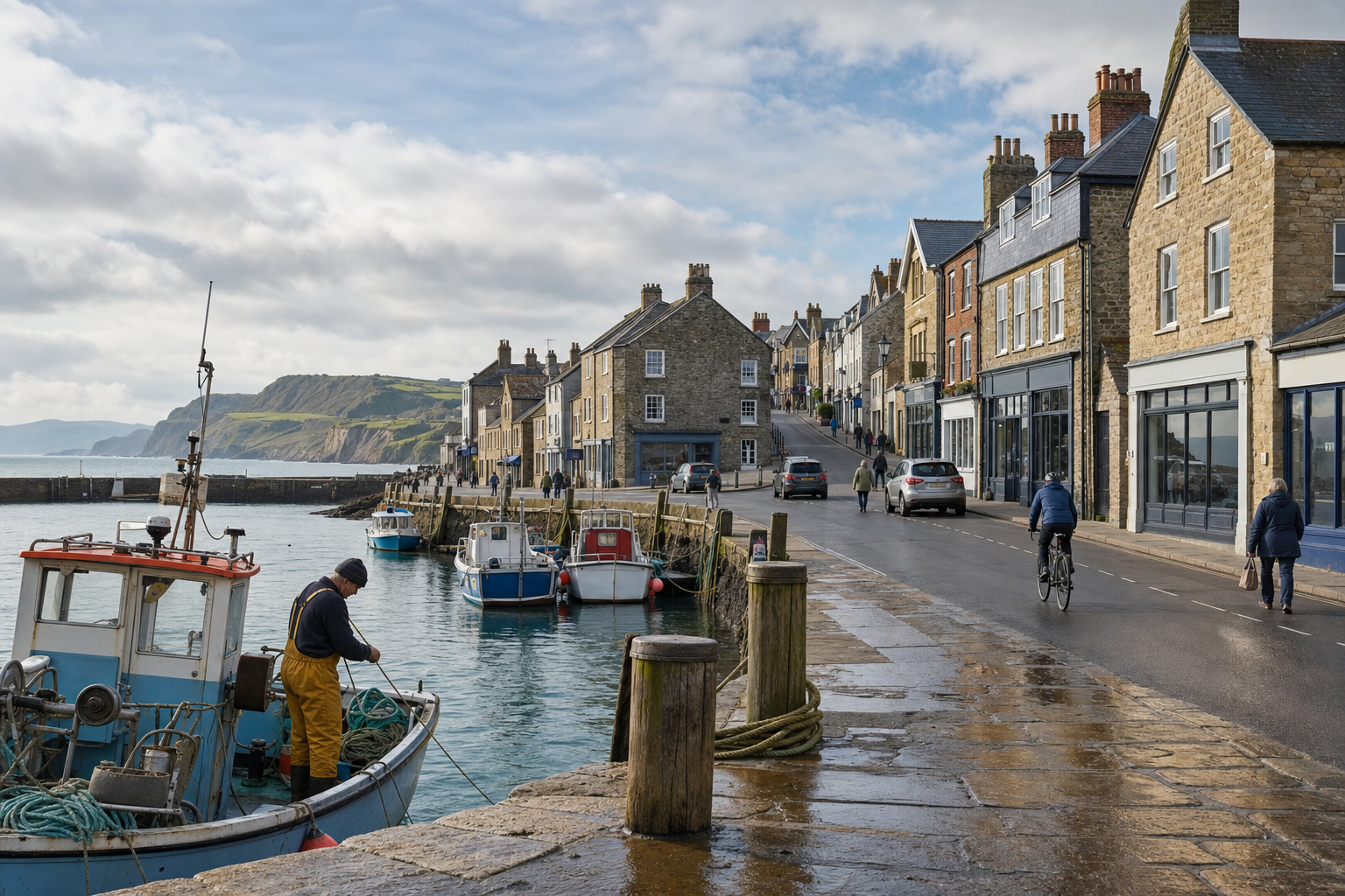 A fishing boat moored in a picturesque harbour with stone buildings lining the street and green cliffs in the background.