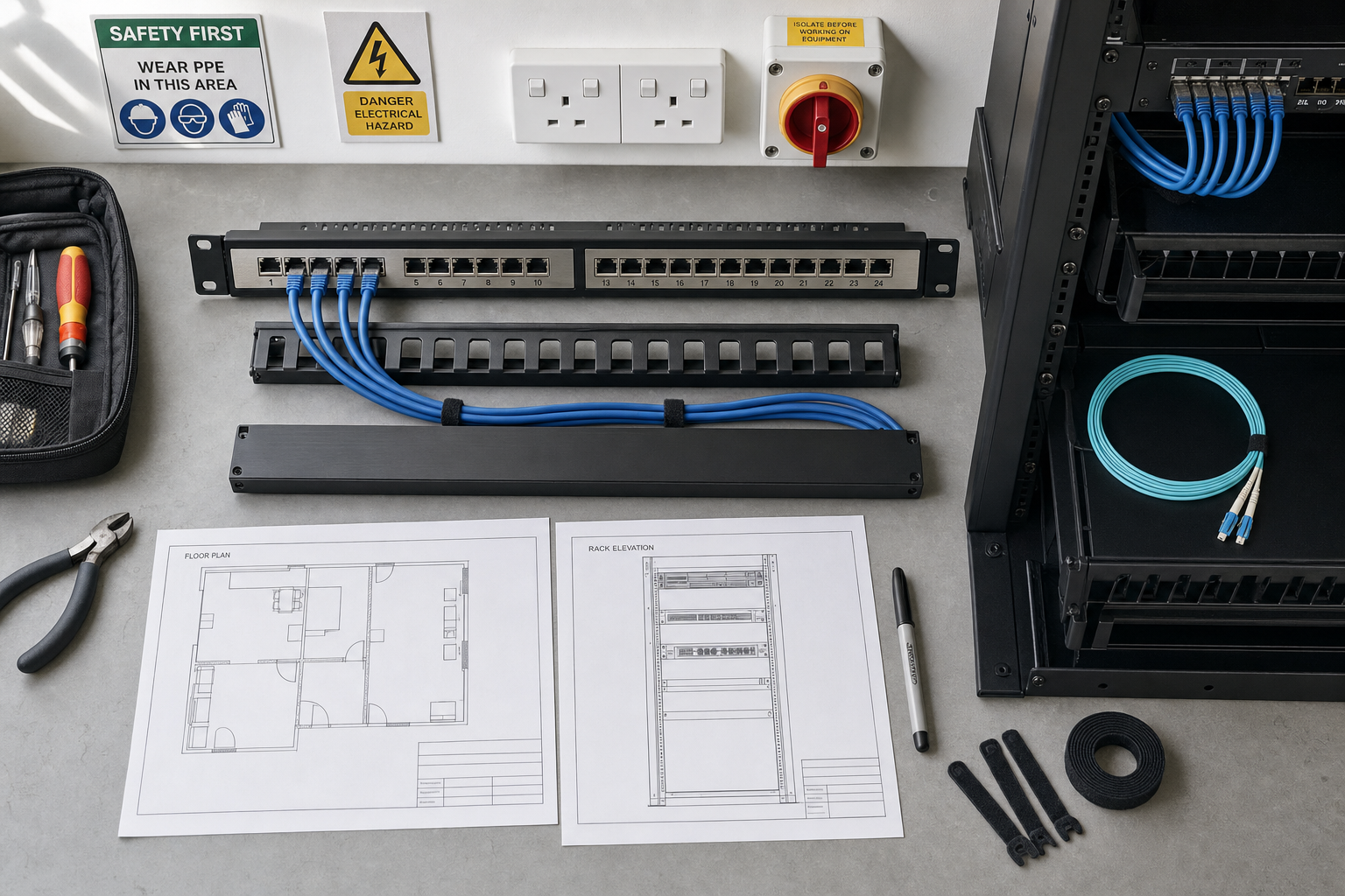 Networking setup with blue Ethernet cables, a patch panel, tools, floor plan, and safety signs on a workbench.