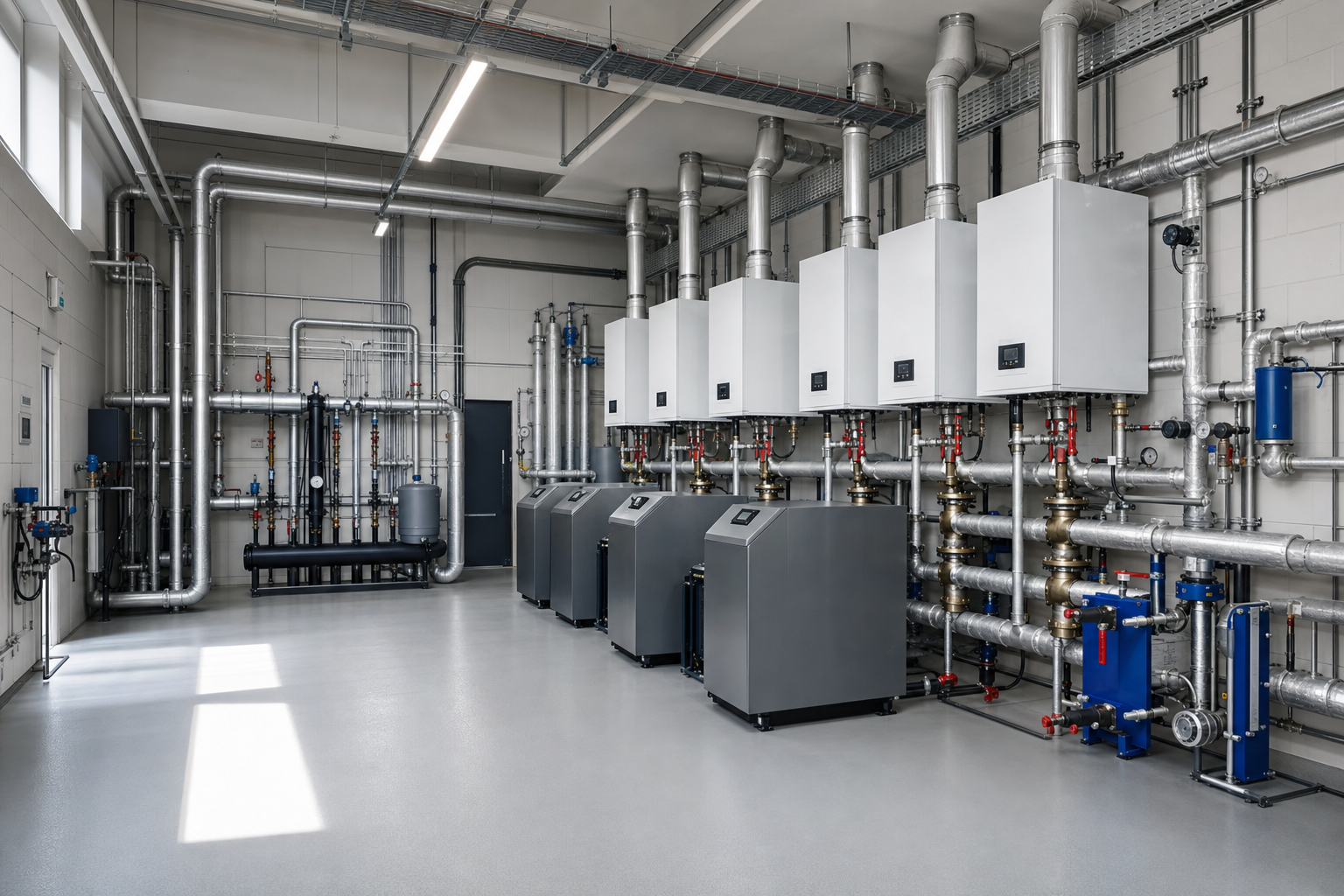 Industrial boiler room with multiple boilers, pipes, and equipment neatly arranged in a spacious, clean environment.