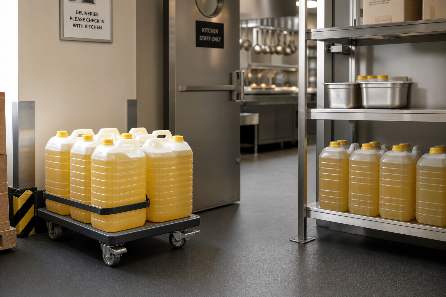 Large yellow liquid containers on a cart and shelves in a commercial kitchen setting.