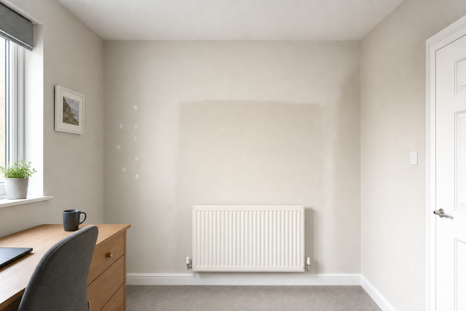 Minimalist home office with a wooden desk, chair, and unpainted wall section around a radiator.