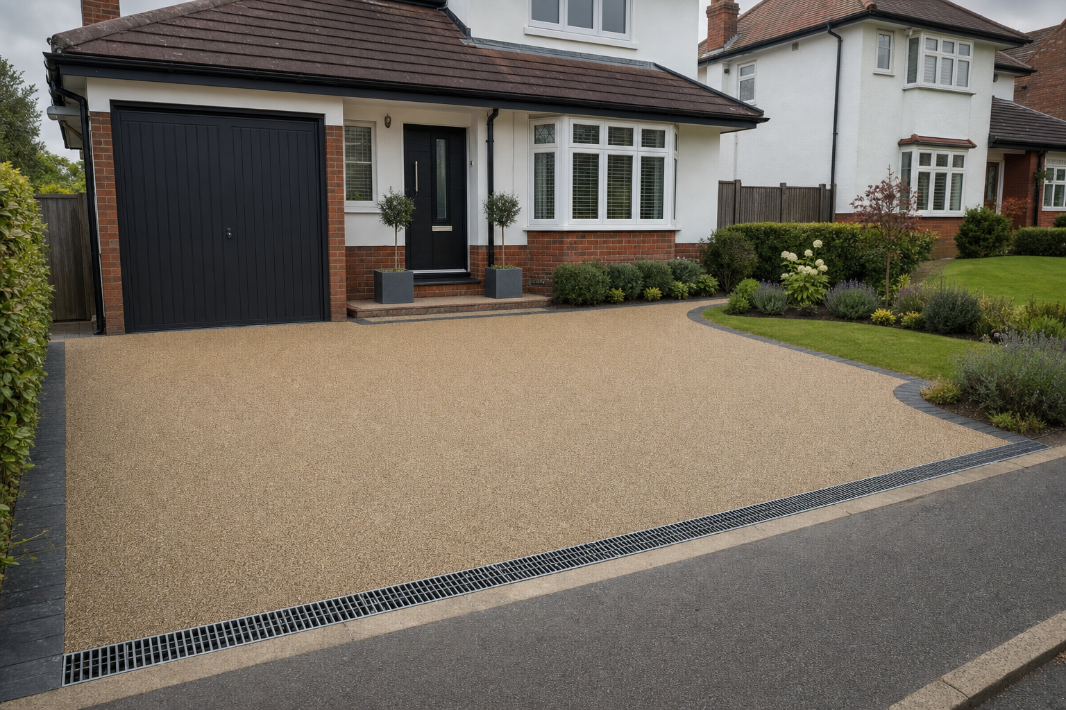 Modern house with a neatly maintained resin-bound driveway, bordered by greenery and a black garage door.