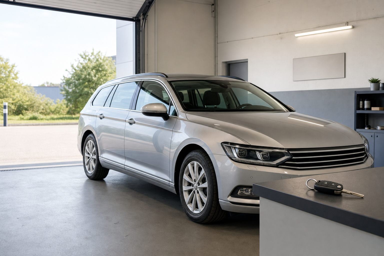 Silver estate car parked in a garage with keys placed on a countertop.