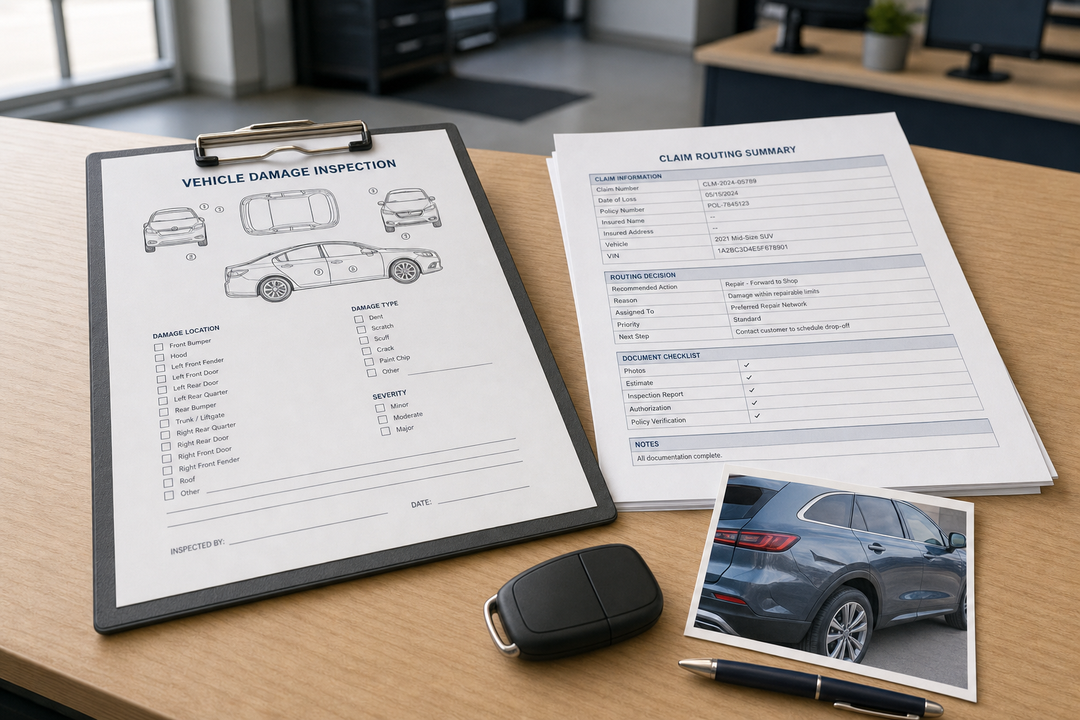 Vehicle damage inspection form on clipboard with claim routing summary, car photo, keys, and pen on a desk.