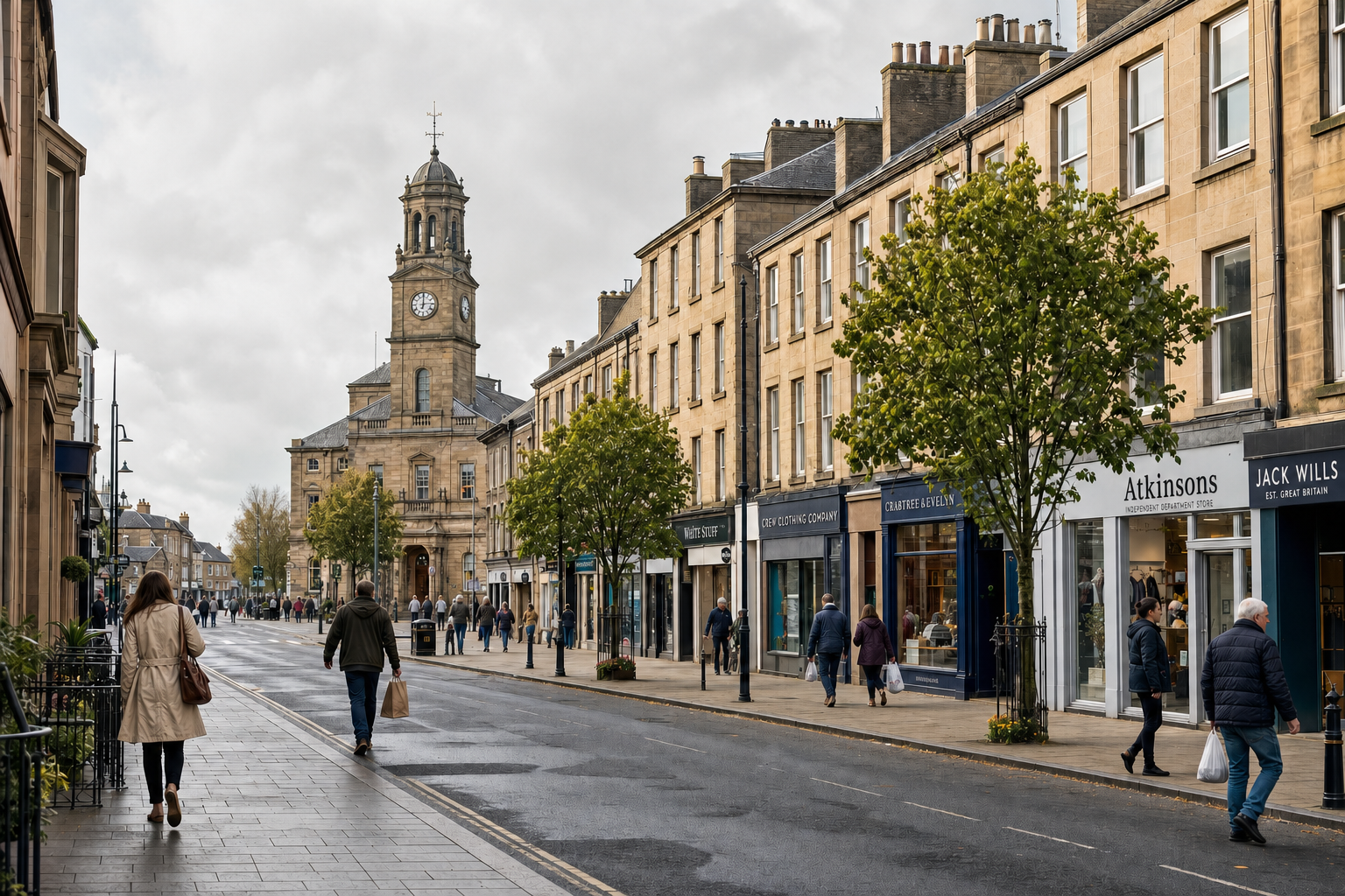 A bustling British high street lined with shops and a clock tower on a cloudy day.