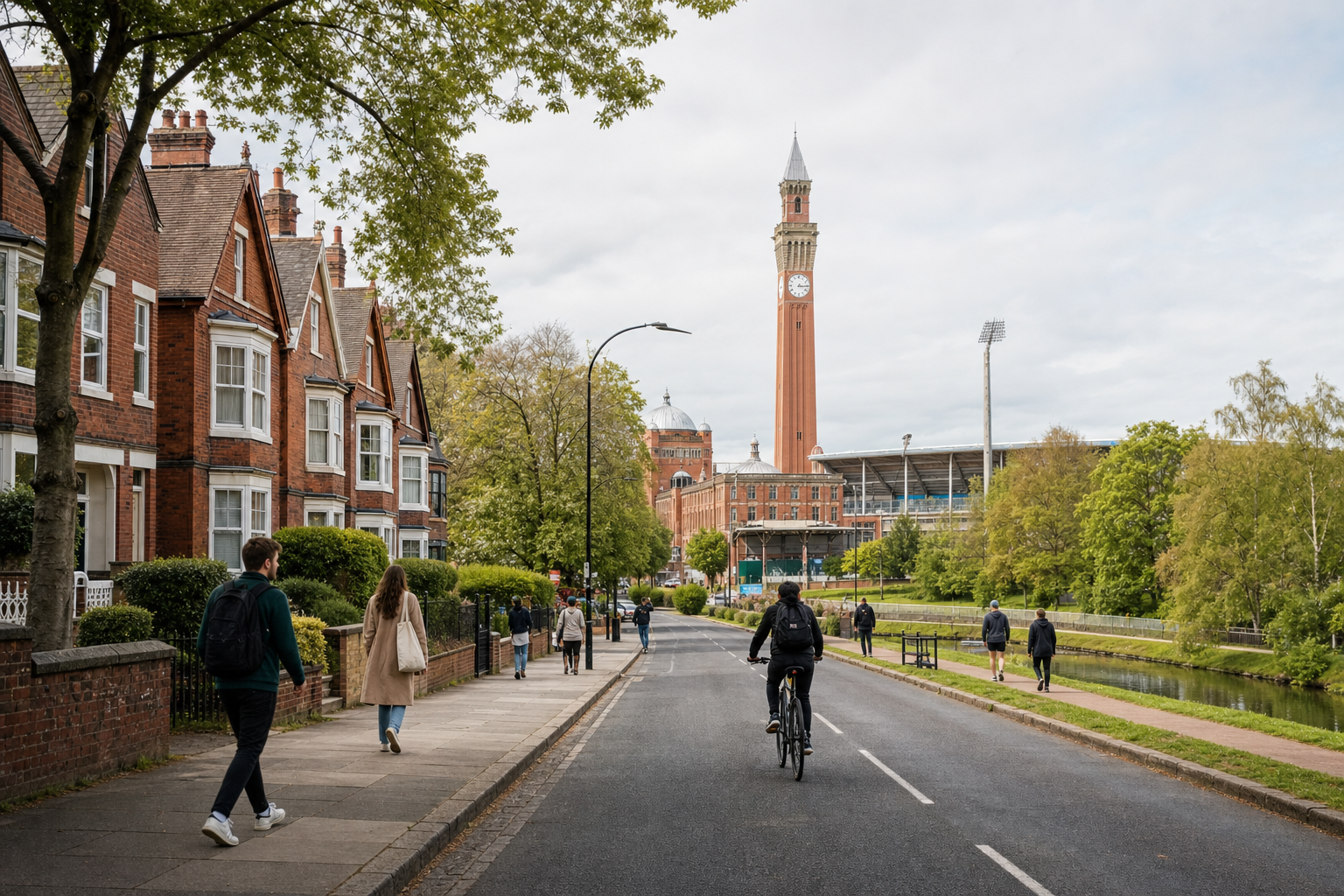 People walking and cycling along a tree-lined street towards a tall clock tower and stadium.