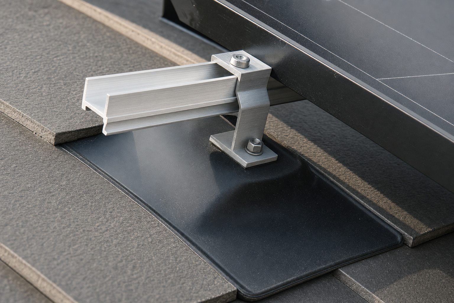 Aluminium bracket securing a solar panel to a tiled roof.