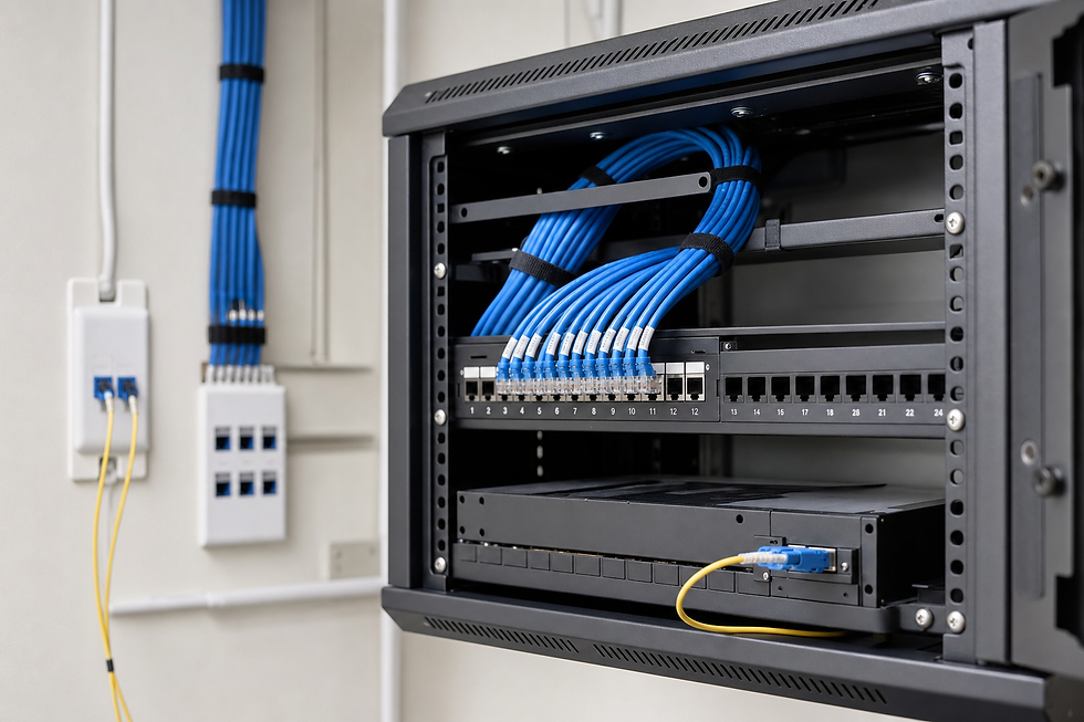 Wall-mounted network rack with patch panel and bundled blue Ethernet cables