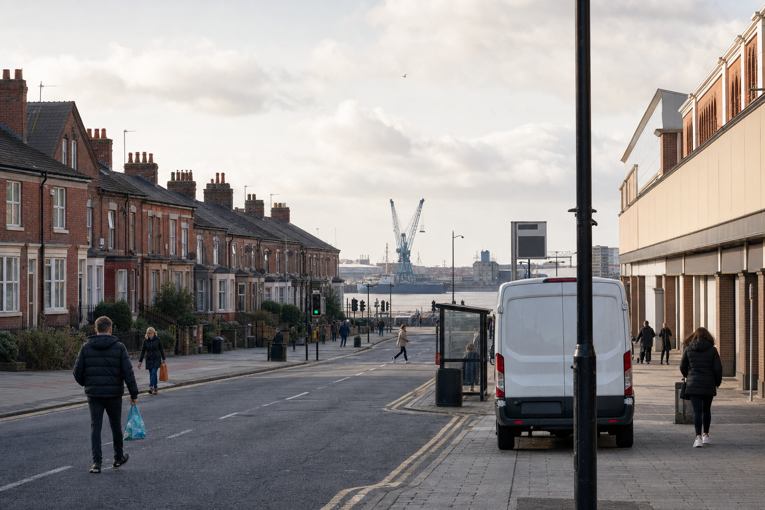 Street with red-brick terraced houses and distant view of cranes by the waterfront, with people walking and a white van parked.