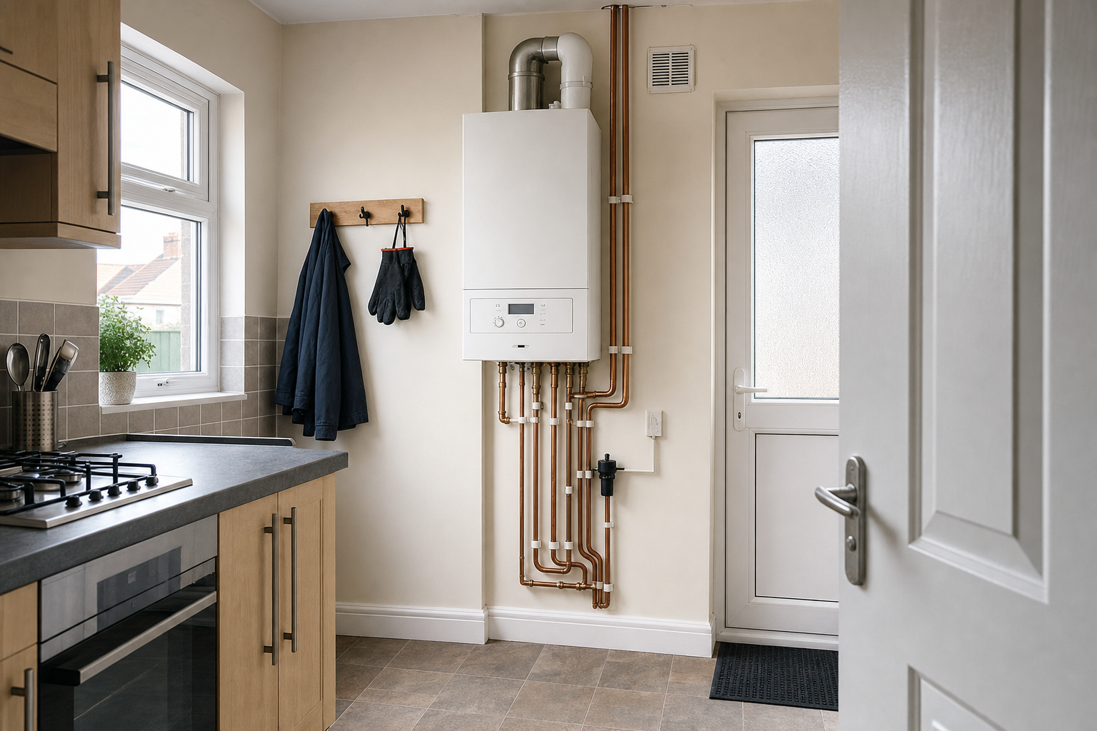 Modern kitchen with a gas boiler mounted on the wall, coat hooks, and a door leading outside.