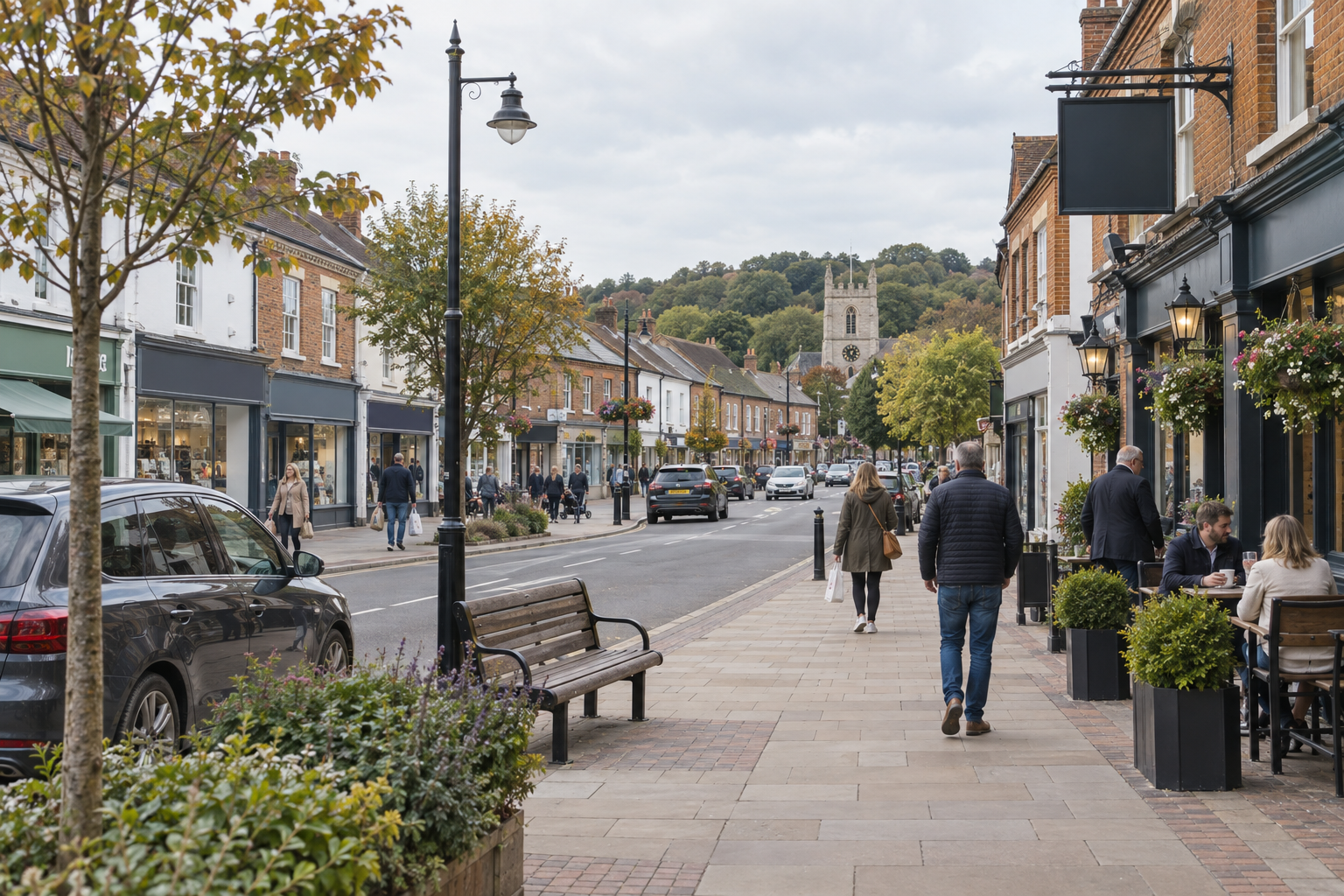 A bustling high street with shops, people walking, and a church tower visible in the background.