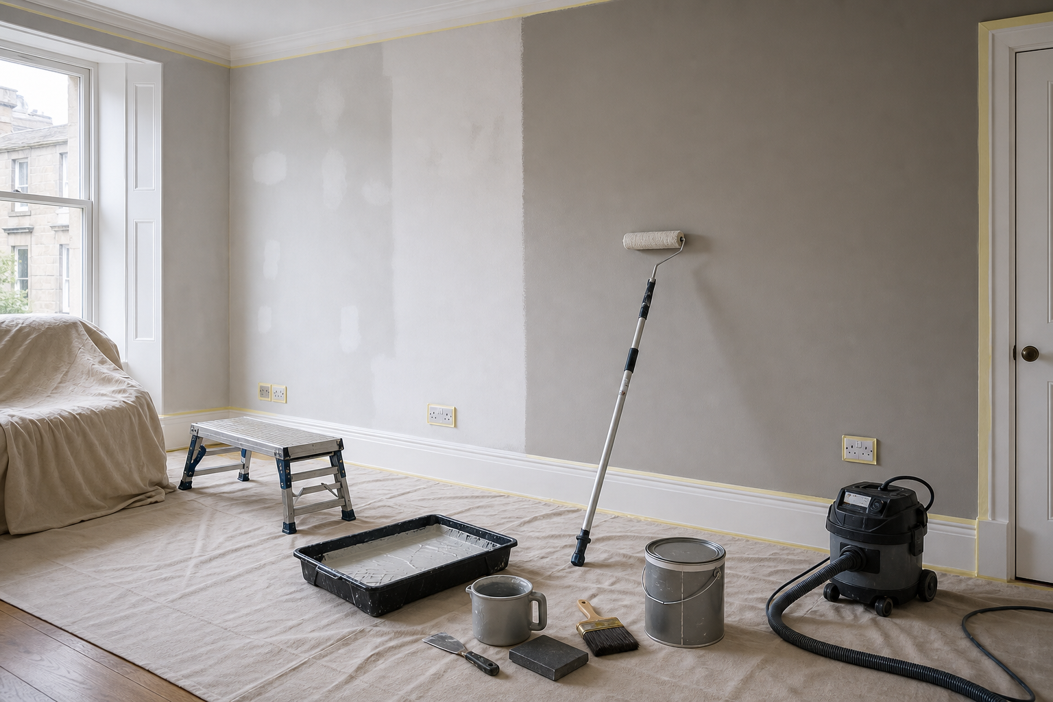 Room being painted with drop cloth, paint supplies, and a vacuum on the floor.