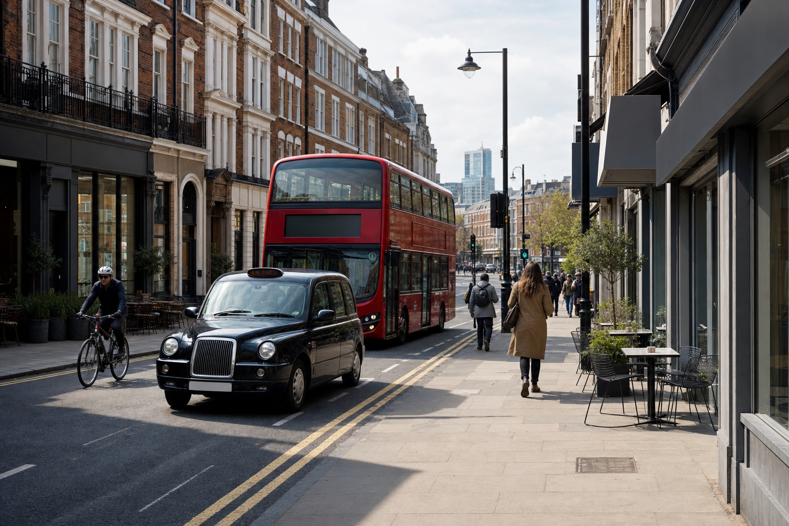 A red double-decker bus and black taxi travel along a busy London street with cyclists and pedestrians nearby.