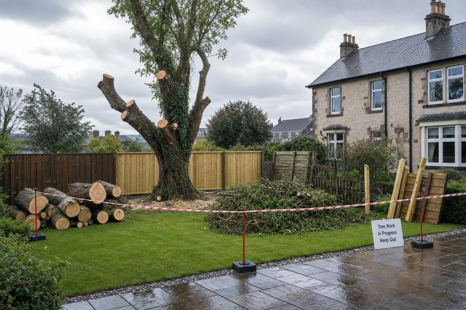 Tree cutting in progress in a residential garden, with logs and branches cordoned off with tape.