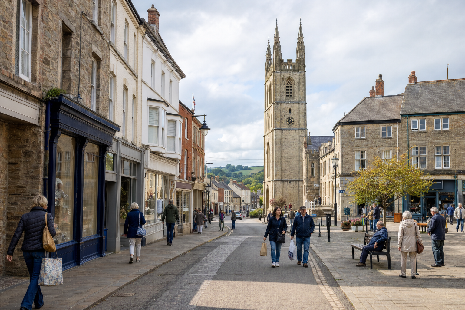 People stroll down a quaint street lined with historic buildings and a church tower in the background.
