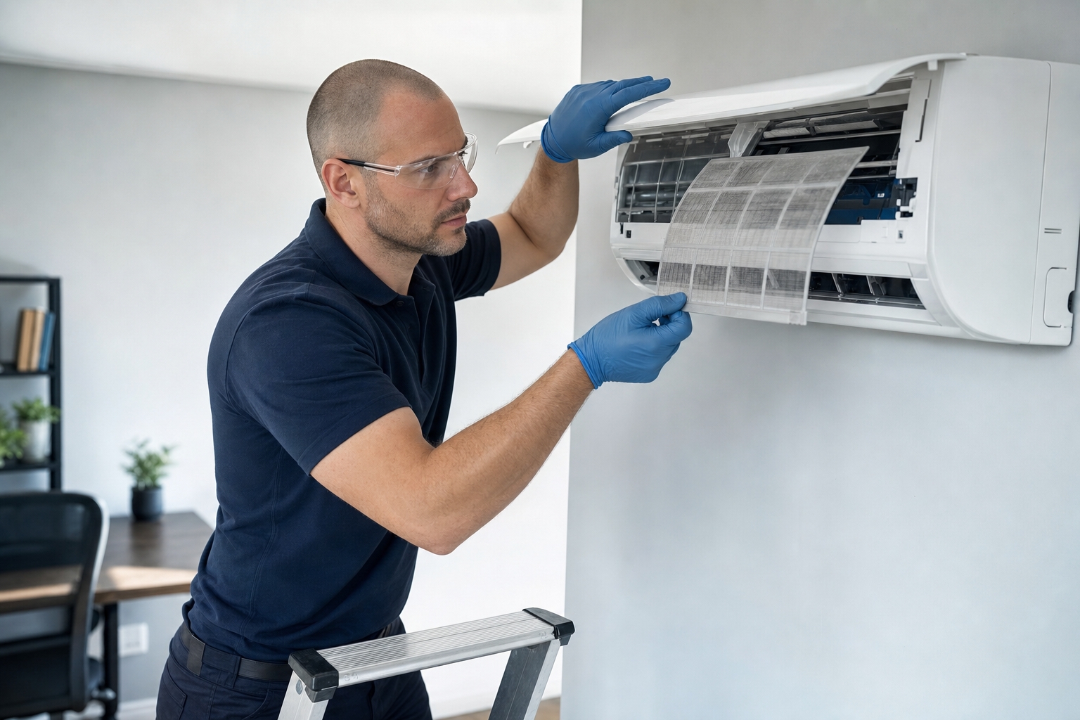 A technician wearing safety glasses and gloves inspects and cleans an air conditioner's filter in an office setting.