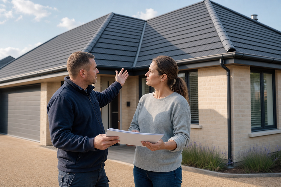 Two people discuss and review documents outside a modern house with a grey tiled roof.
