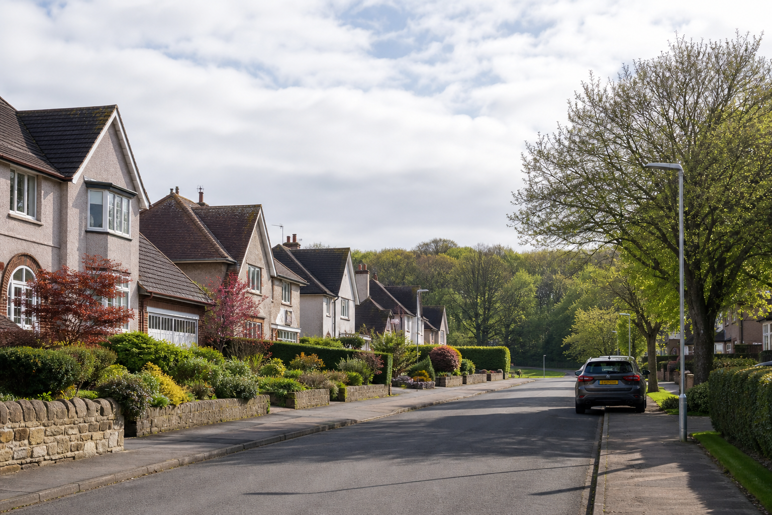 A row of suburban houses with well-kept gardens lines a quiet street, with a car parked under leafy trees.