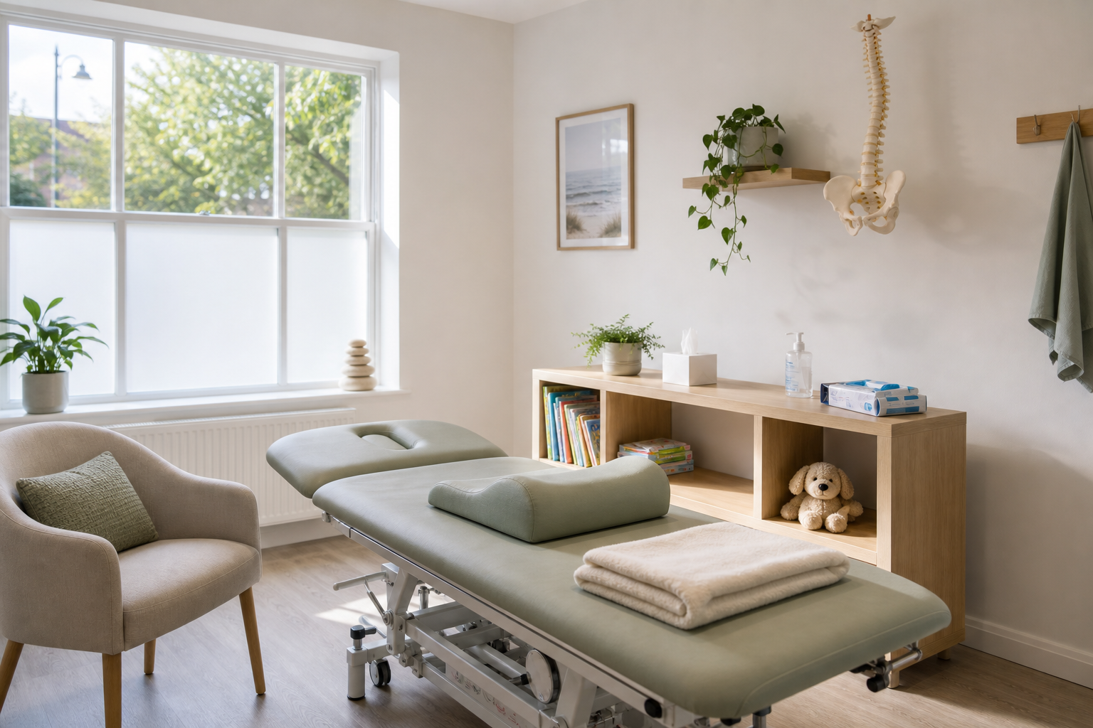A light-filled therapy room with a massage table, plush chair, plants, and anatomical spine model for decor.