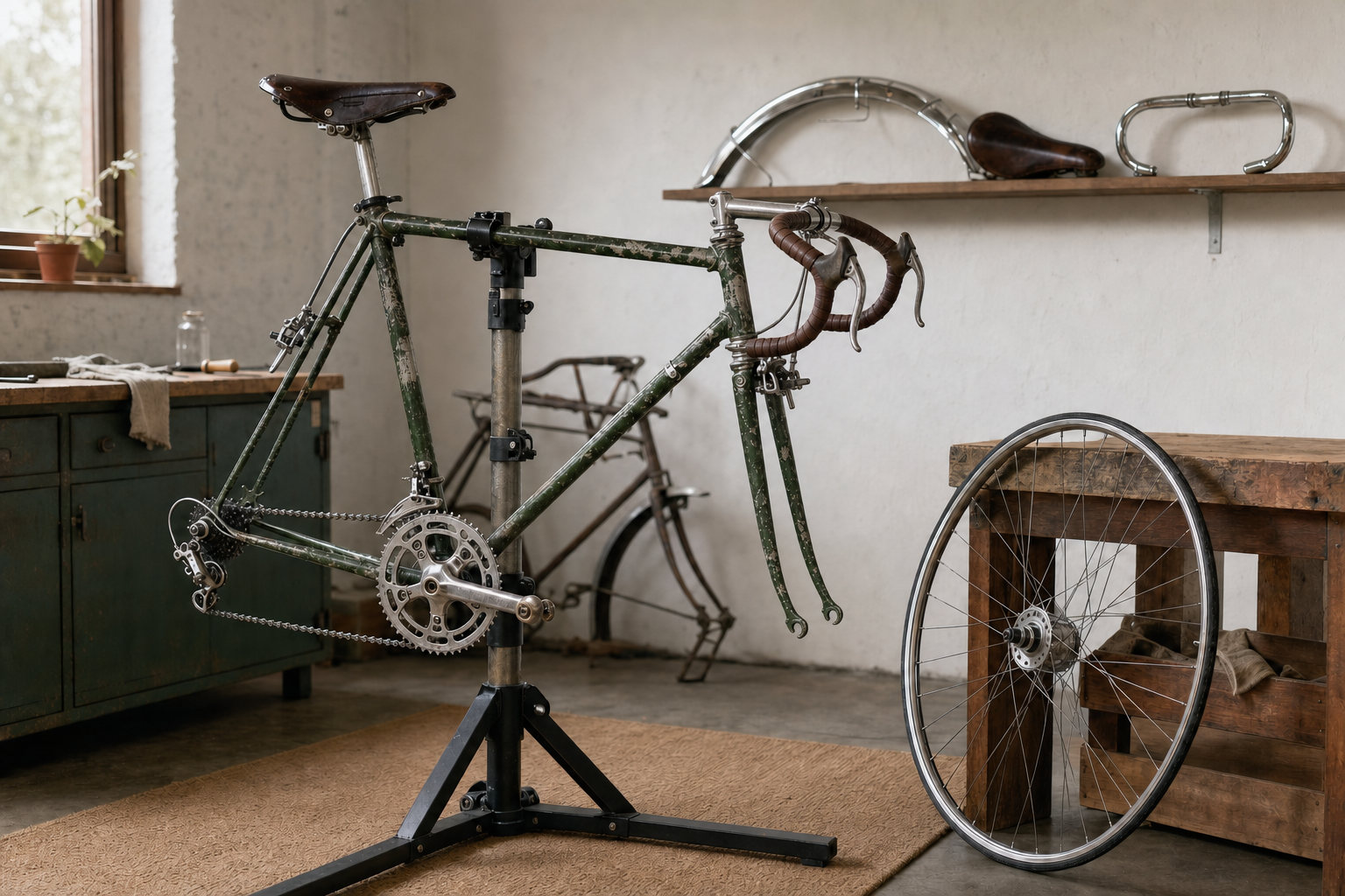 Vintage bicycle frame on a stand in a workshop, with a detached wheel resting against a wooden bench.