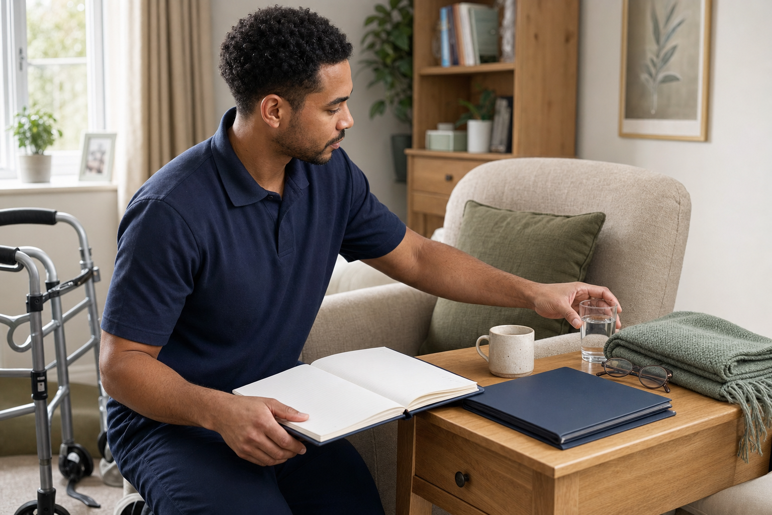 Man sitting in a cosy living room, reaching for a glass of water while holding an open notebook.