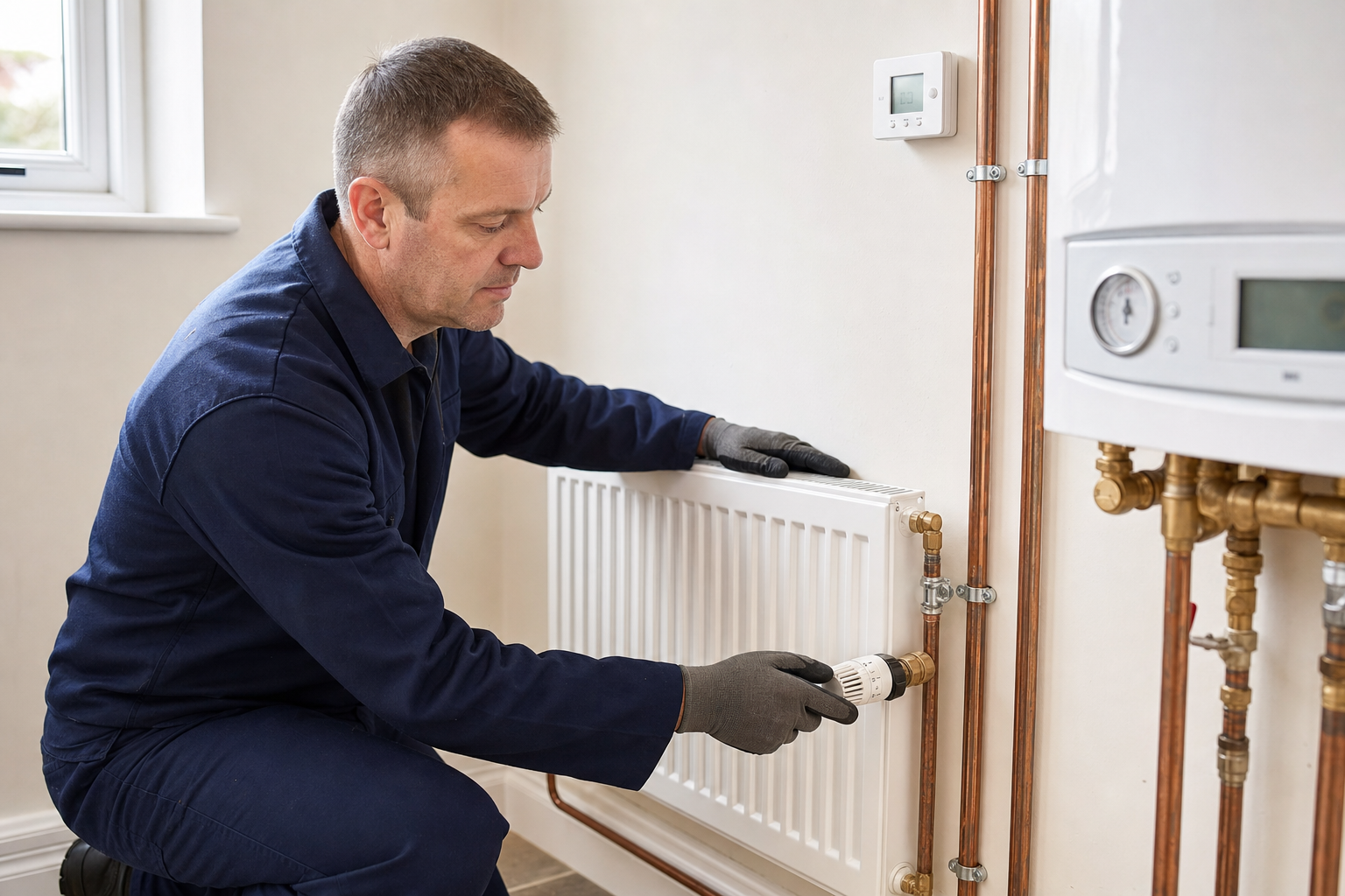 A man in work overalls adjusts a radiator valve next to a boiler with copper pipes.