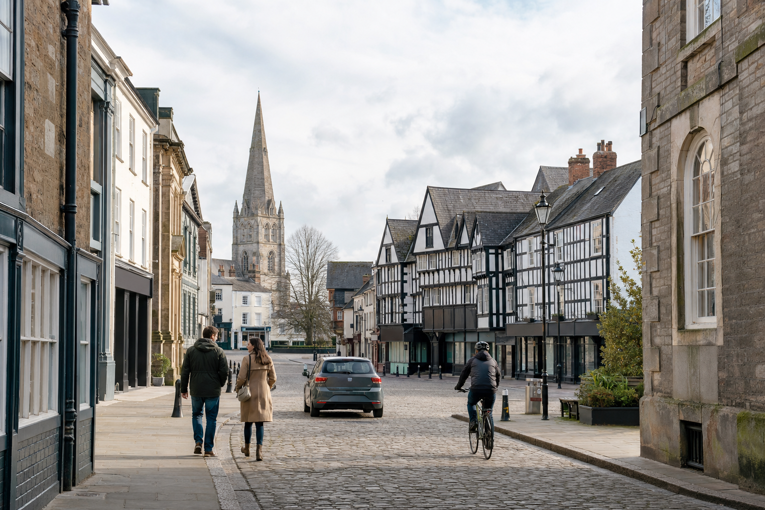 A couple walks beside historic timber-framed buildings on a cobbled street with a church spire in the background.
