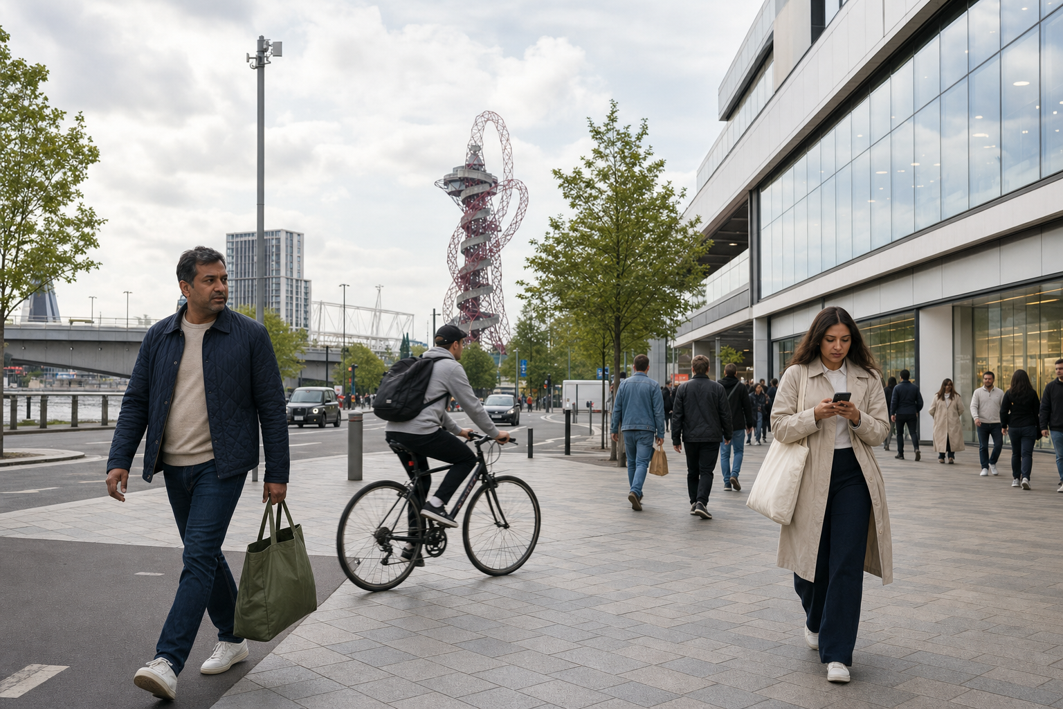 People walking and cycling near the modern urban area with shops and trees.