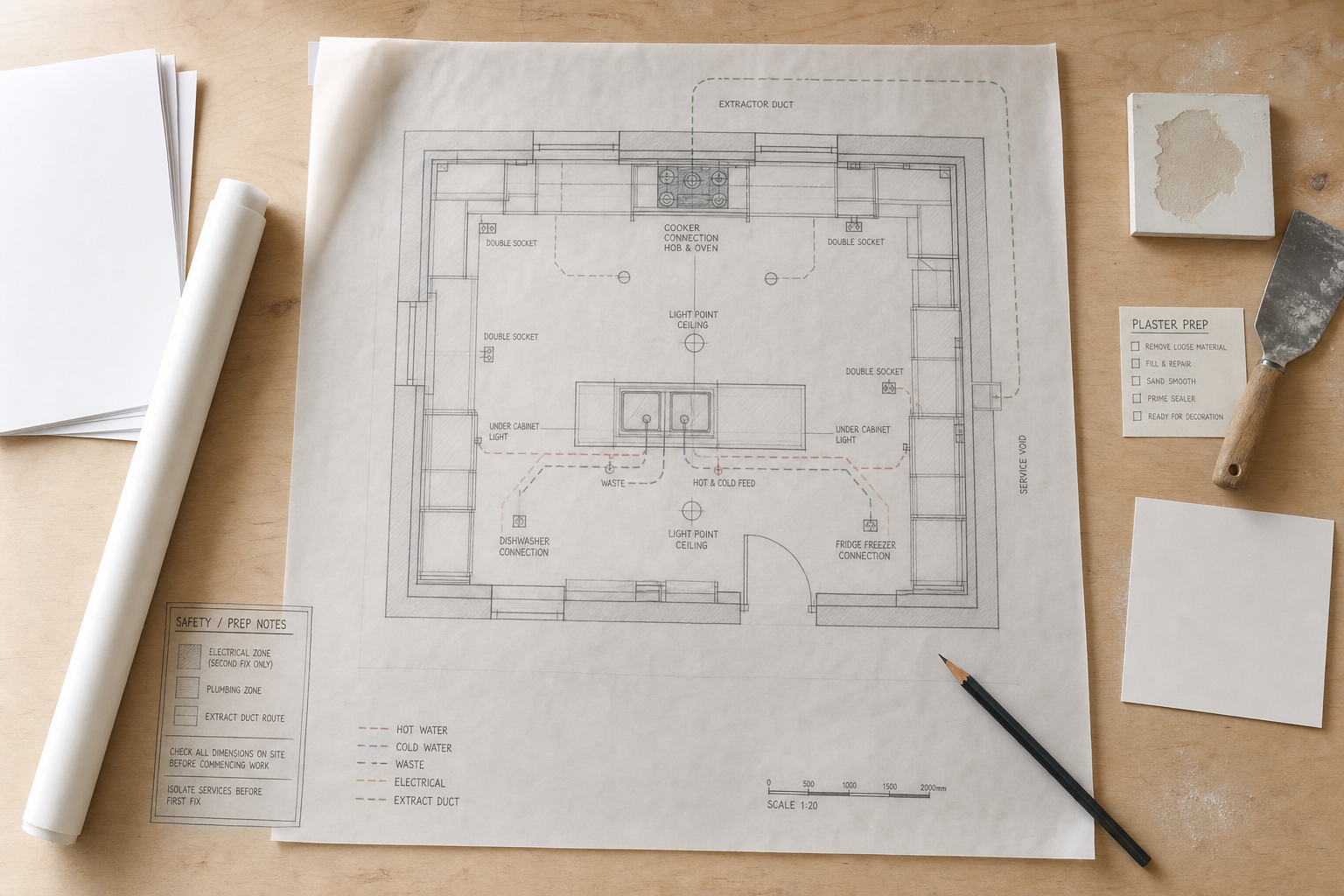 Architectural blueprint of a kitchen layout on a wooden table with a pencil and plaster trowel nearby.