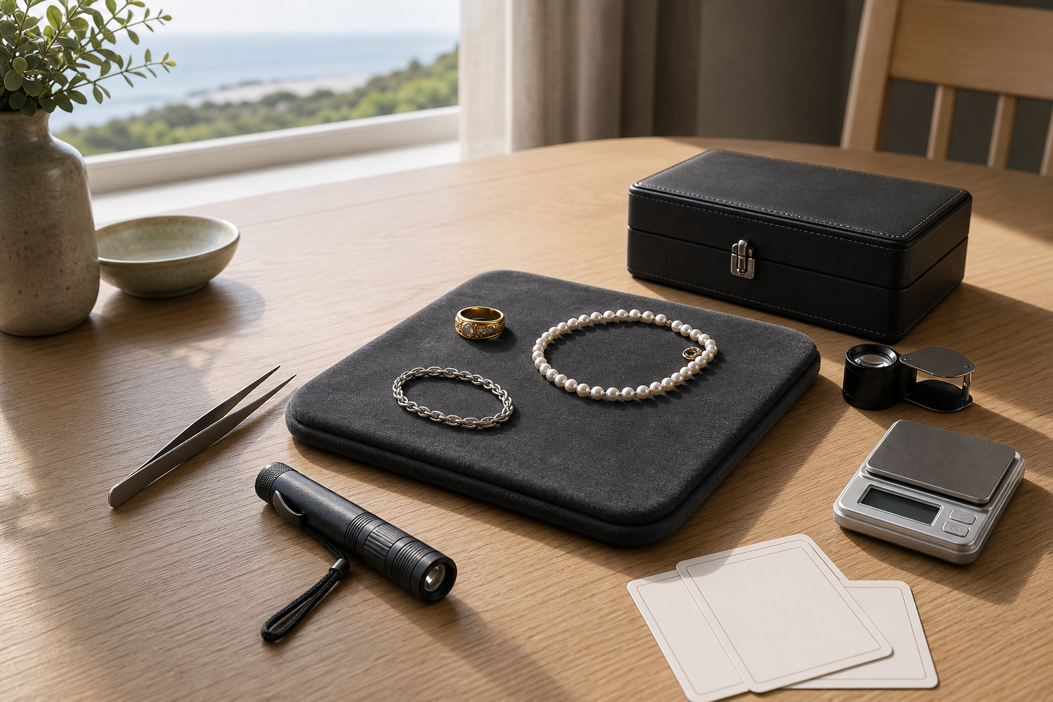 Jewelry set with tools on a wooden table overlooking a scenic view.