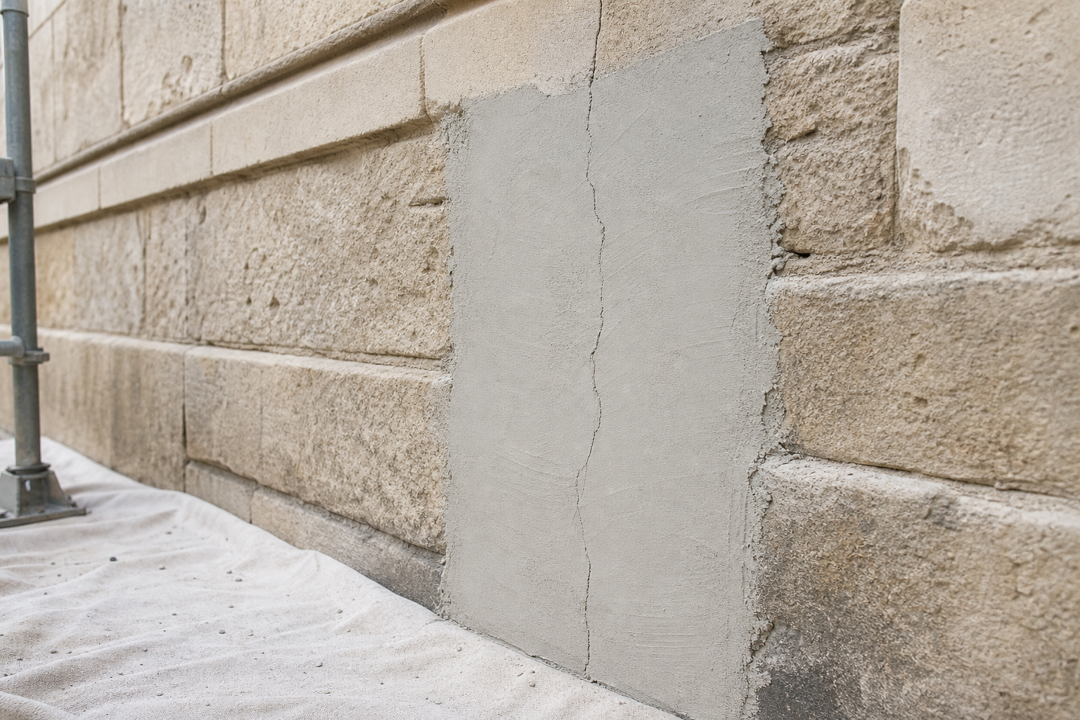 A repaired rectangular patch on a stone wall with a visible crack.