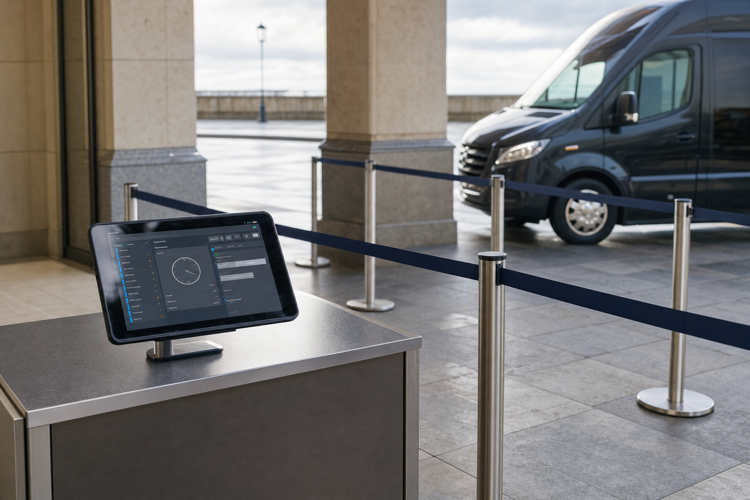 Tablet displaying data on a stand near a roped-off area with a parked van outside.