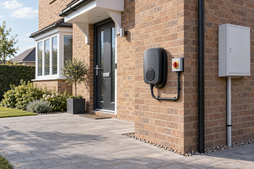 A modern brick house features an electric vehicle charging station by the front door.