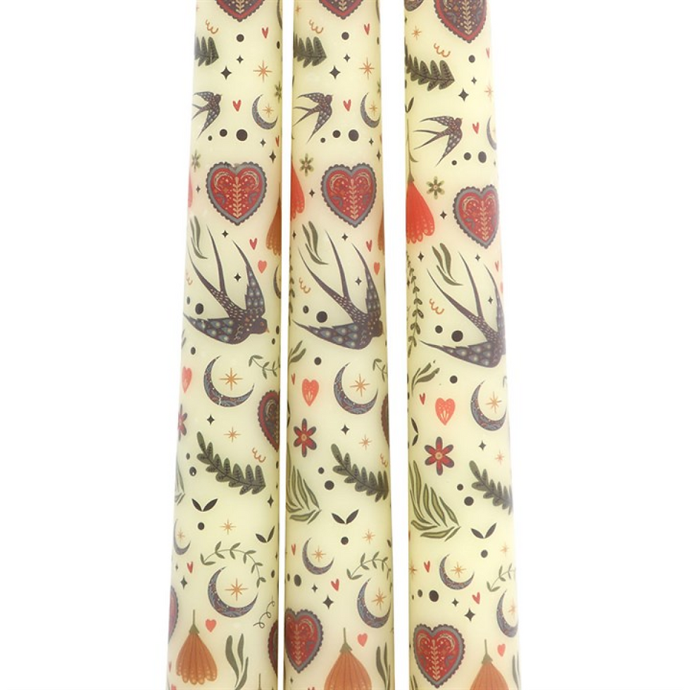 Thumbnail: Set of 3 Cream Midnight Bloom Print Taper Candles